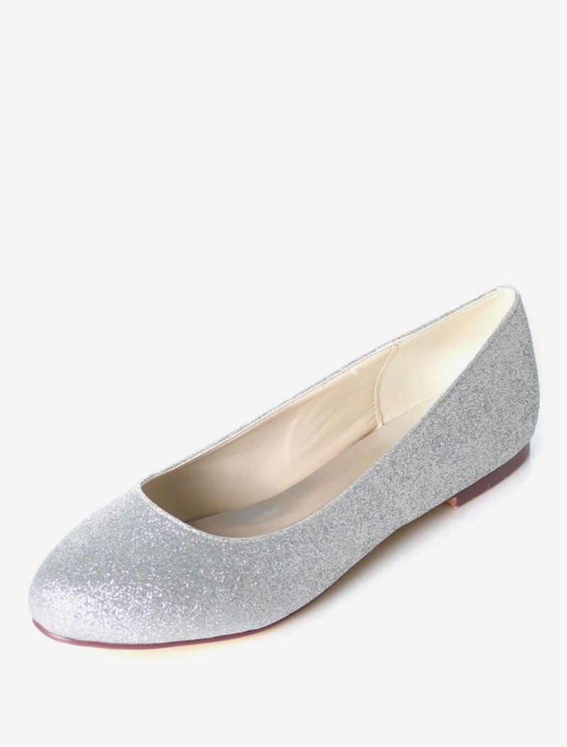 Silverbröllopsskor Glitter Rund Toe Slip-on Brudtärna Skor Dam Balett Platta