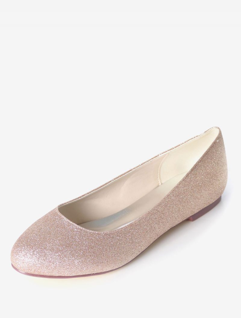 Silverbröllopsskor Glitter Rund Toe Slip-on Brudtärna Skor Dam Balett Platta - Champagne