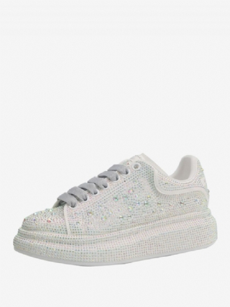 Sneakers För Kvinnor Vita Rhinestones Snörar Bröllopsskor