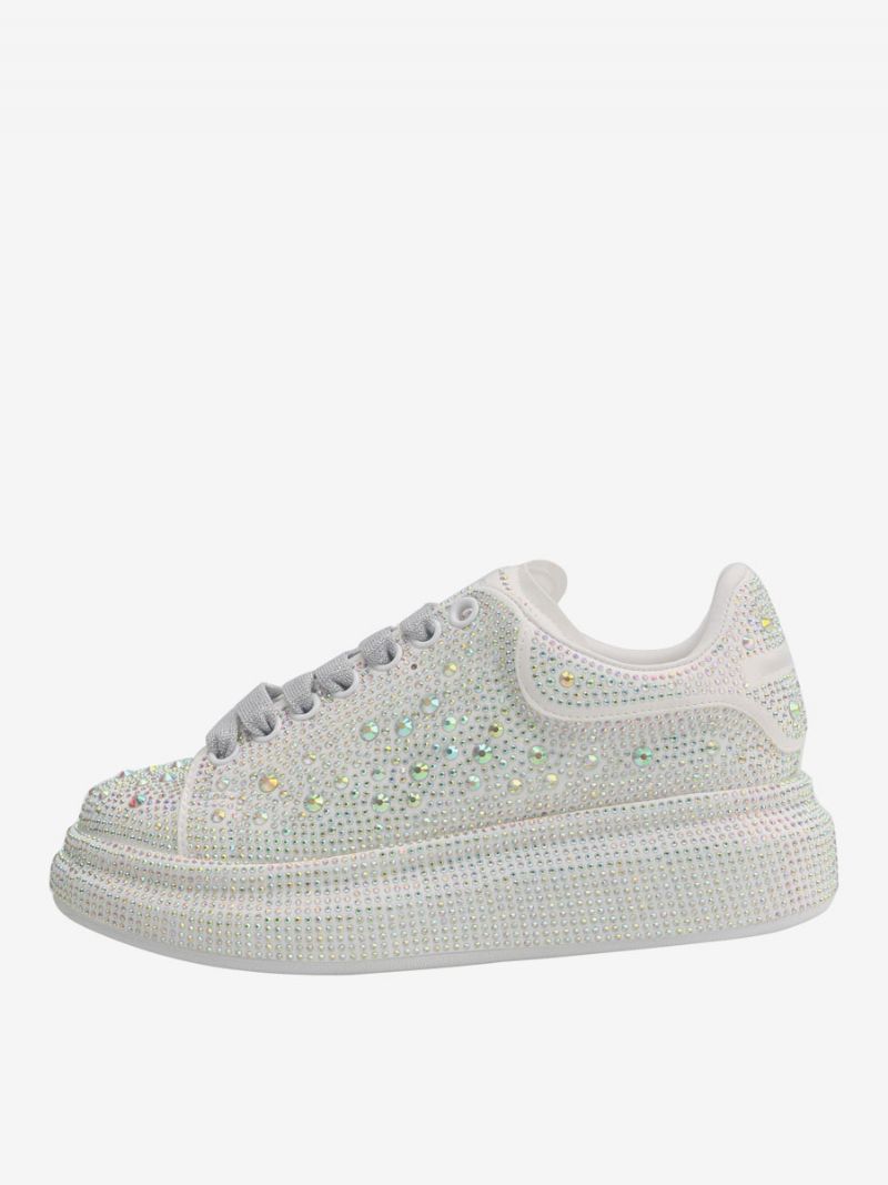 Sneakers För Kvinnor Vita Rhinestones Snörar Bröllopsskor - Vit