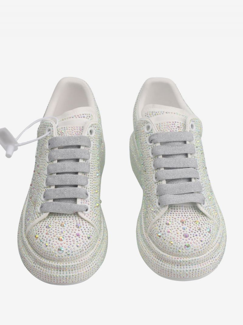 Sneakers För Kvinnor Vita Rhinestones Snörar Bröllopsskor - Vit