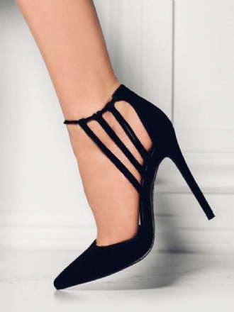 Svarta Höga Bröllopsklackar Strappy Spetsig Tå Stiletto Prom Heel Pumps För Kvinnor