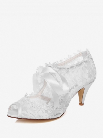 Vita Spetsband Peep Toe Bridal Pumps För Kvinnor