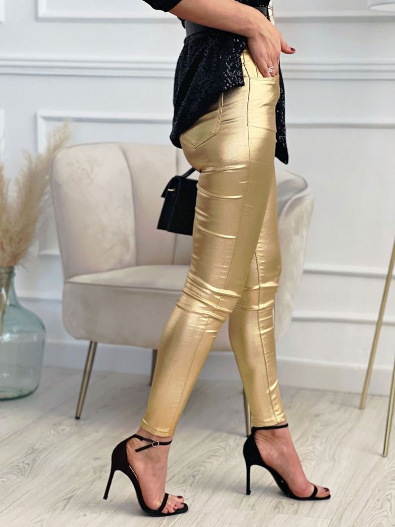 Silver Byxor För Kvinnor Hög Midja Skinny Leggings - Guld