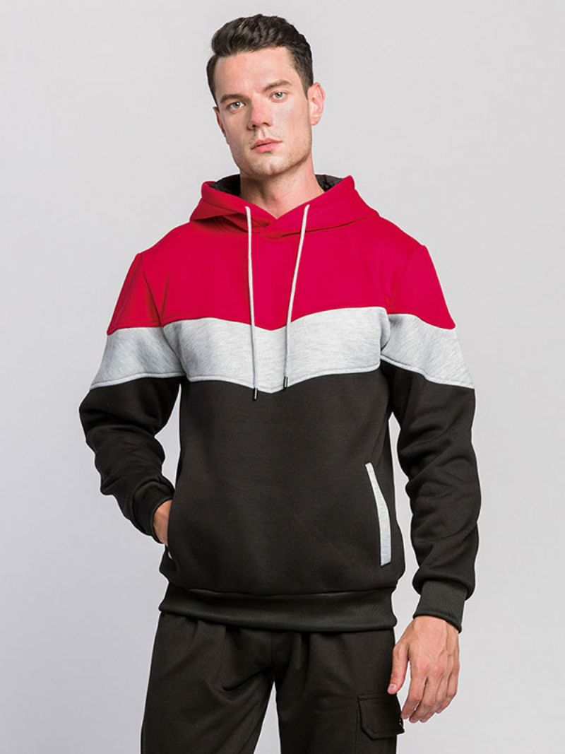 Hoodies För Män Röd Hooded Långärmad Color Block Polyester Sweatshirt