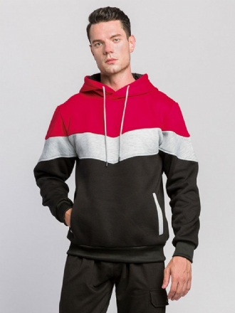 Hoodies För Män Röd Hooded Långärmad Color Block Polyester Sweatshirt