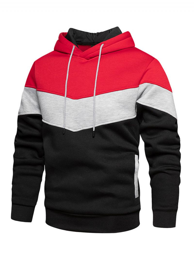 Hoodies För Män Röd Hooded Långärmad Color Block Polyester Sweatshirt - Bourgogne