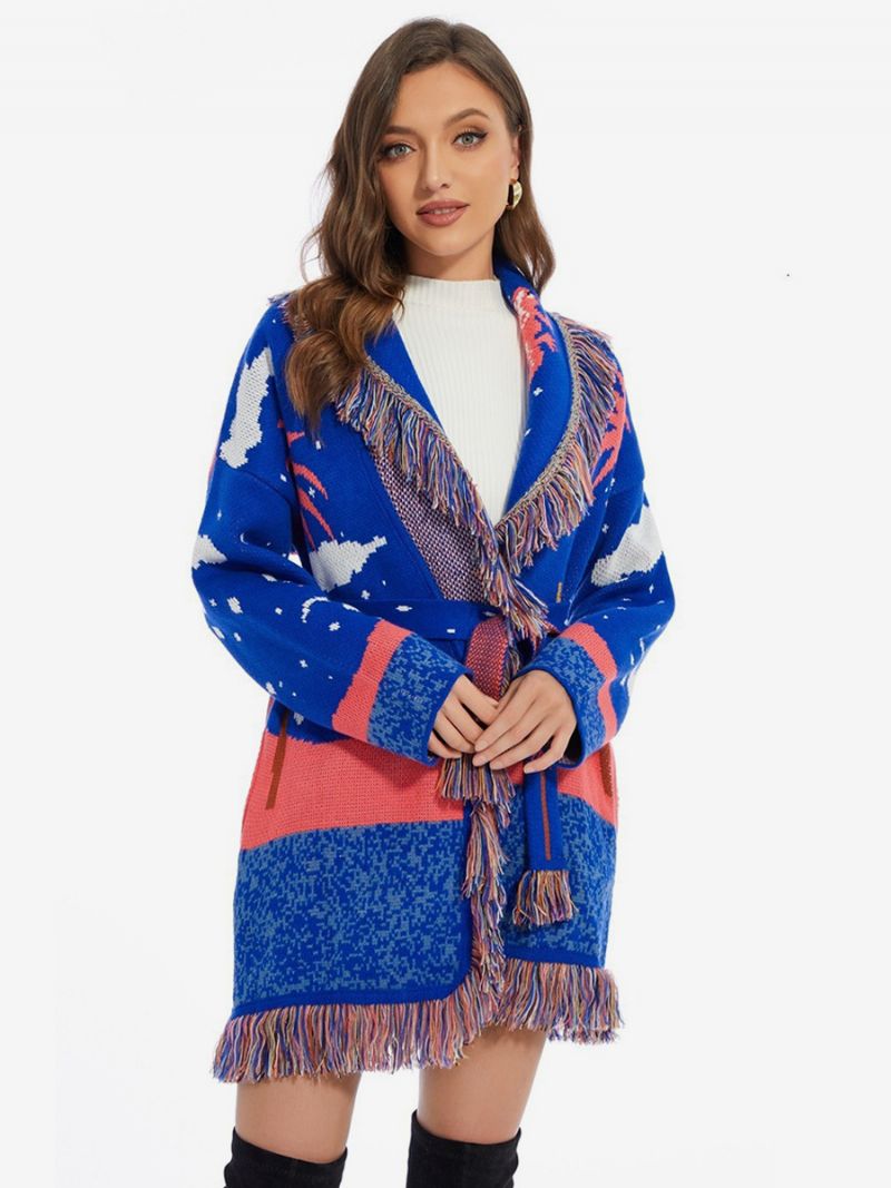 Dam Jacquard Cardigans Moln Tofs Trim Bältad Ullblandning Boho Tröja - Blå