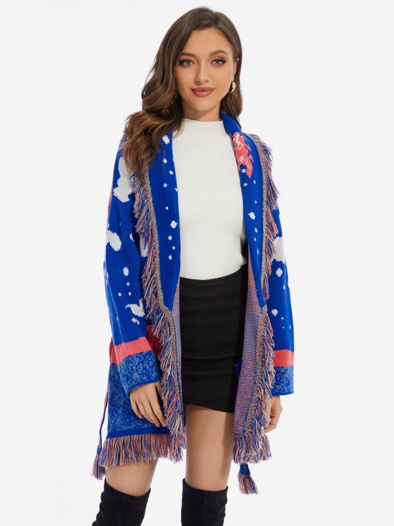 Dam Jacquard Cardigans Moln Tofs Trim Bältad Ullblandning Boho Tröja - Blå