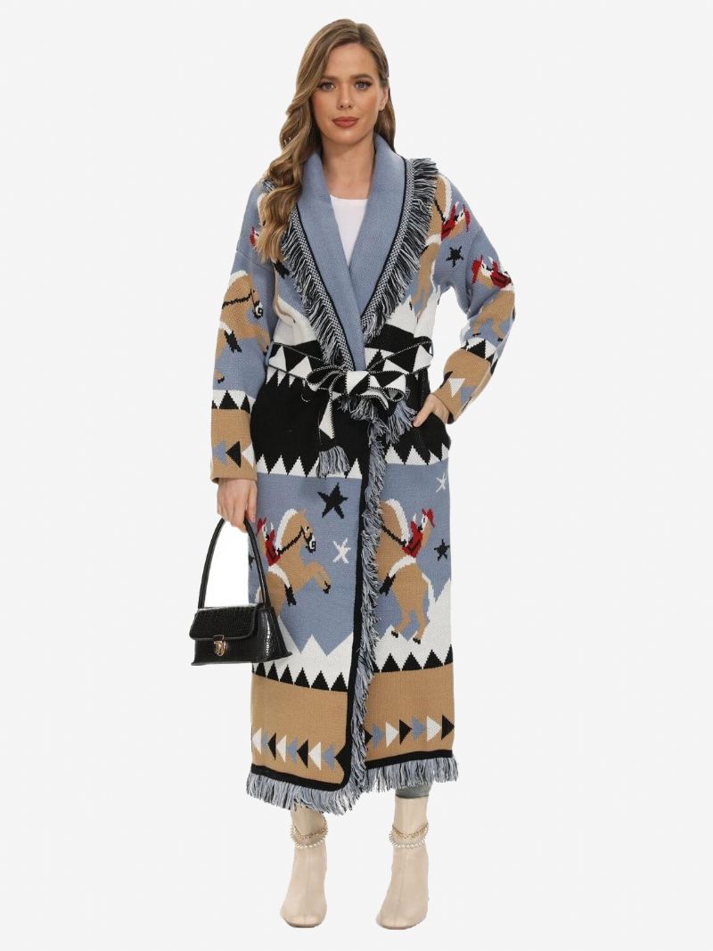 Dam Jacquard Cardigans Tofs Trim Bältad Ullblandning Boho Longline Tröja - Ljus Himmelsblå