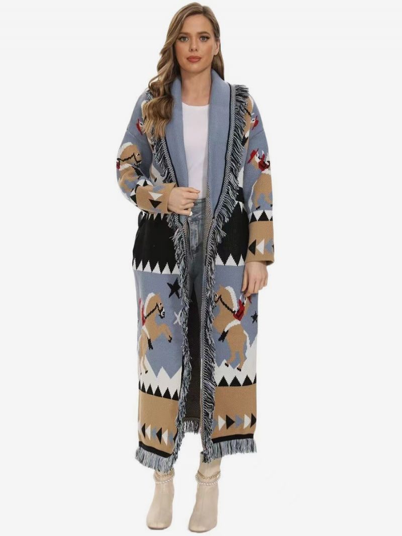 Dam Jacquard Cardigans Tofs Trim Bältad Ullblandning Boho Longline Tröja - Ljus Himmelsblå