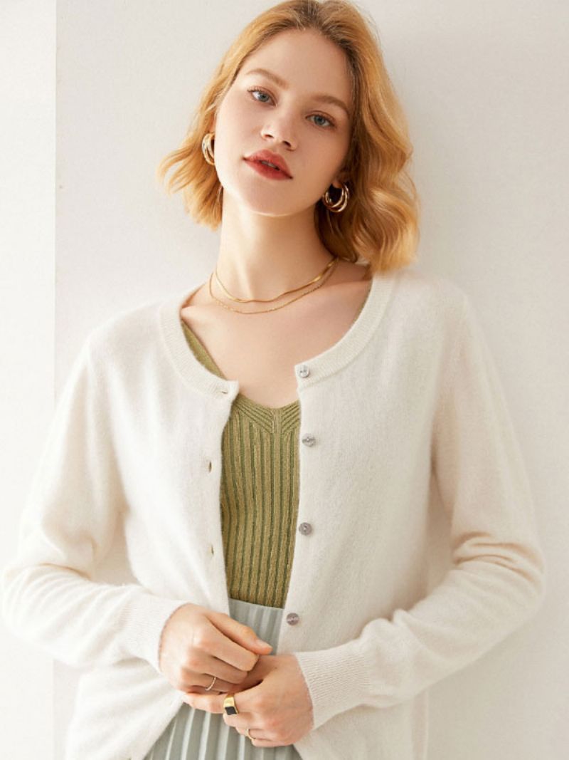 Damtröjor Ljusgrå 100 % Ull Långärmade Jewel Neck Cardigans - Vit