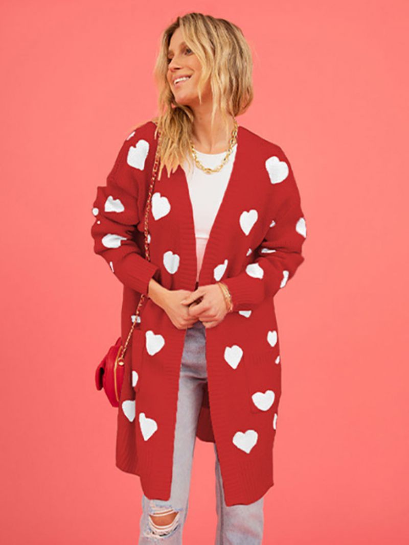 Heart Print Cardigan Öppen Front Långärmad Ribbad Damtröja - Röd