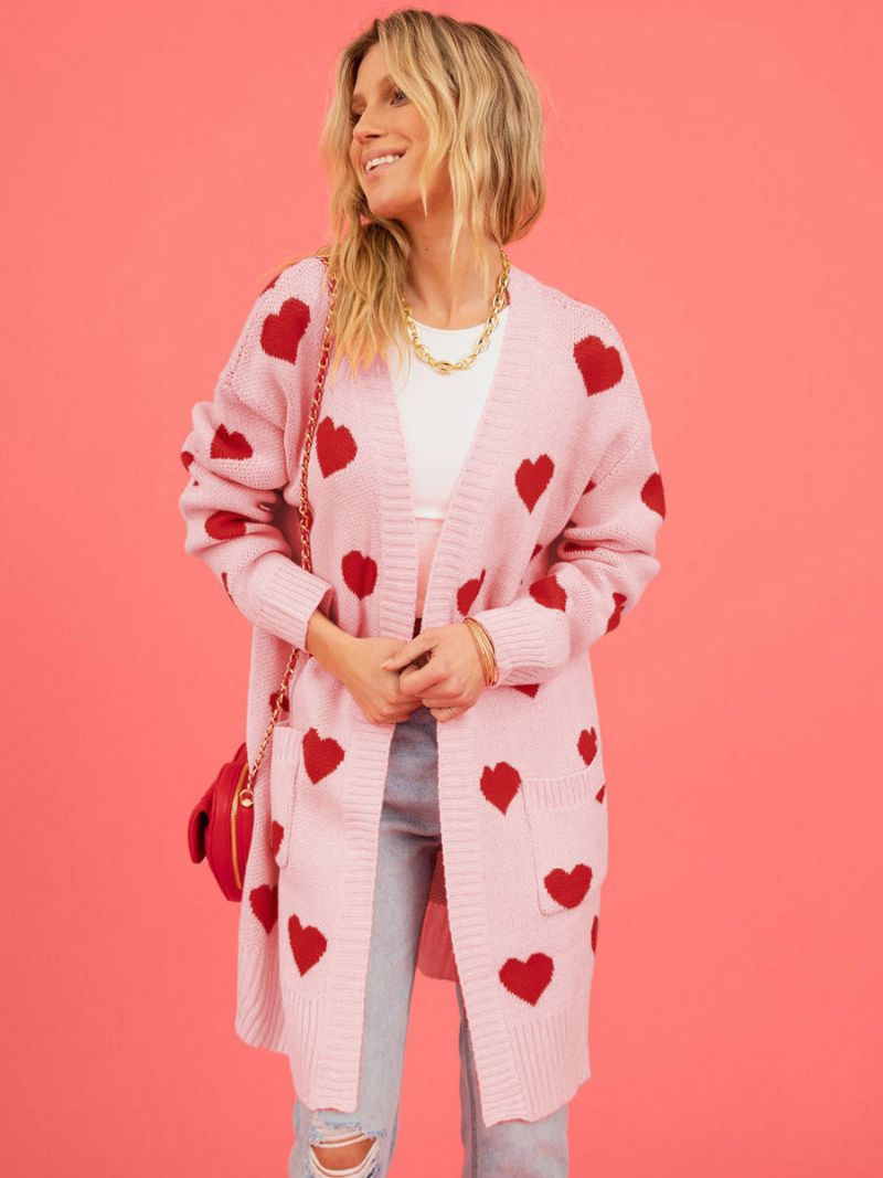 Heart Print Cardigan Öppen Front Långärmad Ribbad Damtröja - Rosa