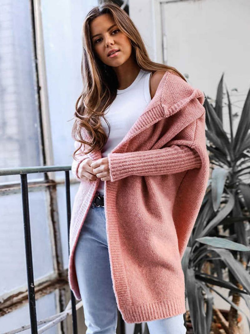 Kvinnors Batwing Ärmar Cardigan Hooded Öppen Front Enfärgade Tröjor - Rosa