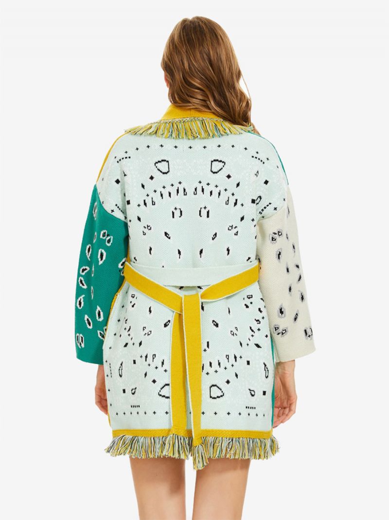 Kvinnors Nya Jacquard Cardigans Tofs Trim Bältad Ullblandning Boho Tröja - Grön