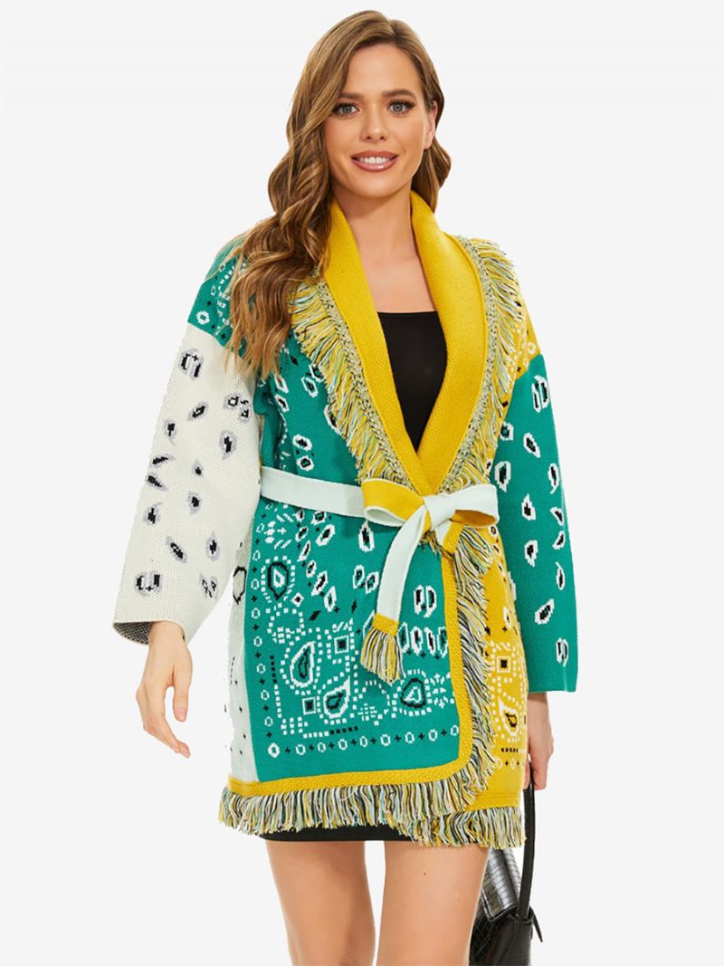 Kvinnors Nya Jacquard Cardigans Tofs Trim Bältad Ullblandning Boho Tröja - Grön