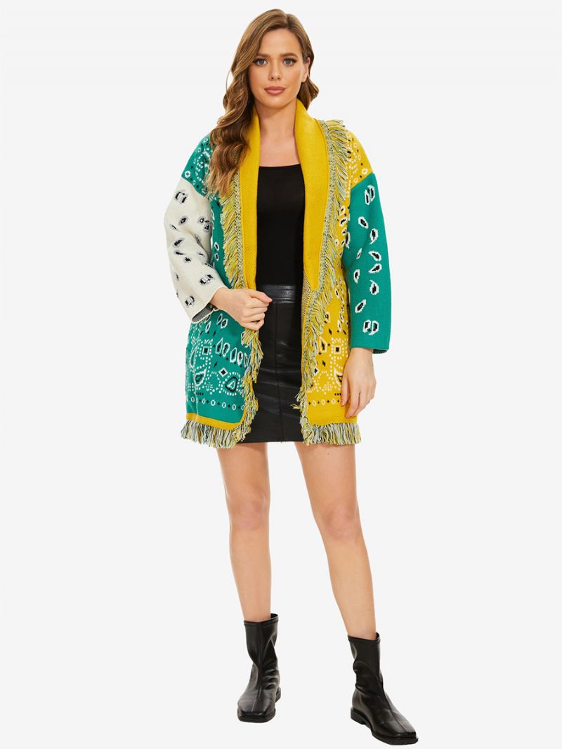 Kvinnors Nya Jacquard Cardigans Tofs Trim Bältad Ullblandning Boho Tröja - Grön