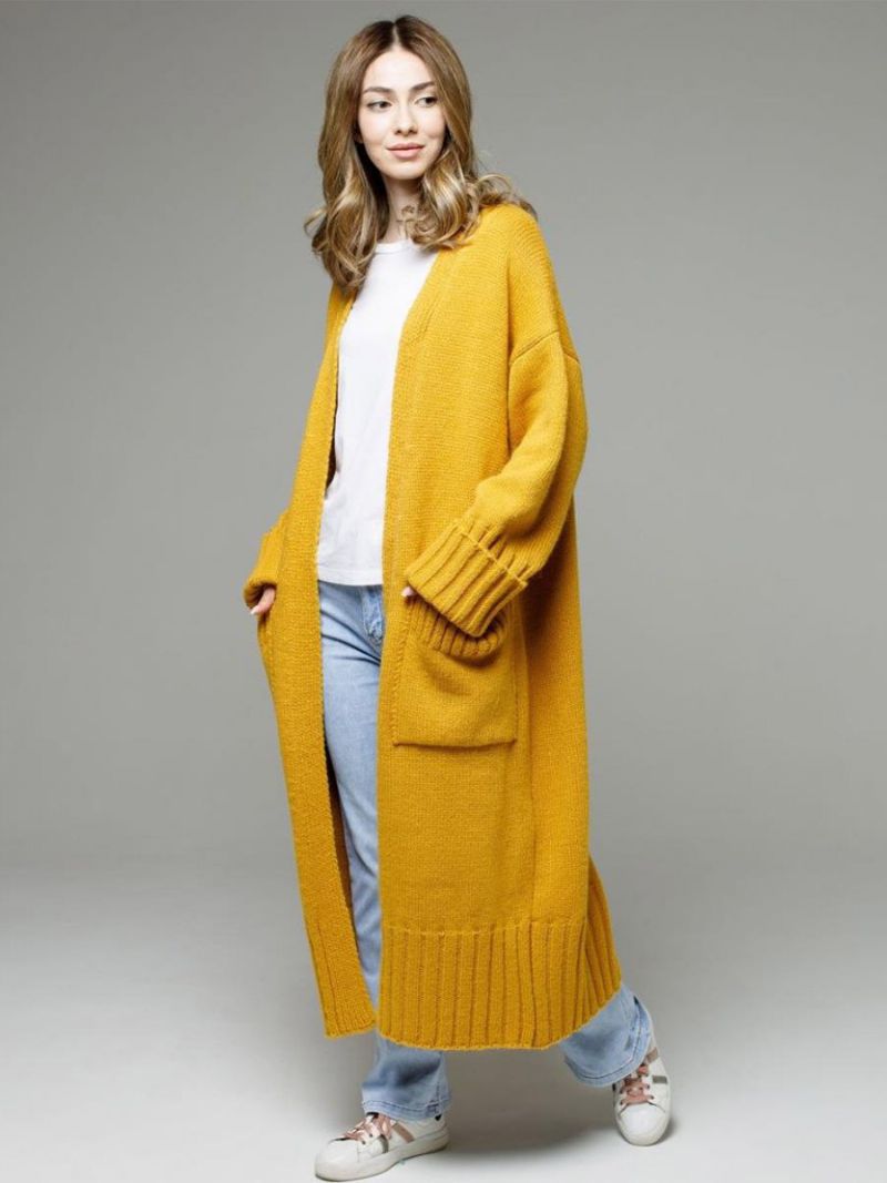 Longline Cardigan Långärmad Drop Shoulder Ribbad Damtröja - Gul