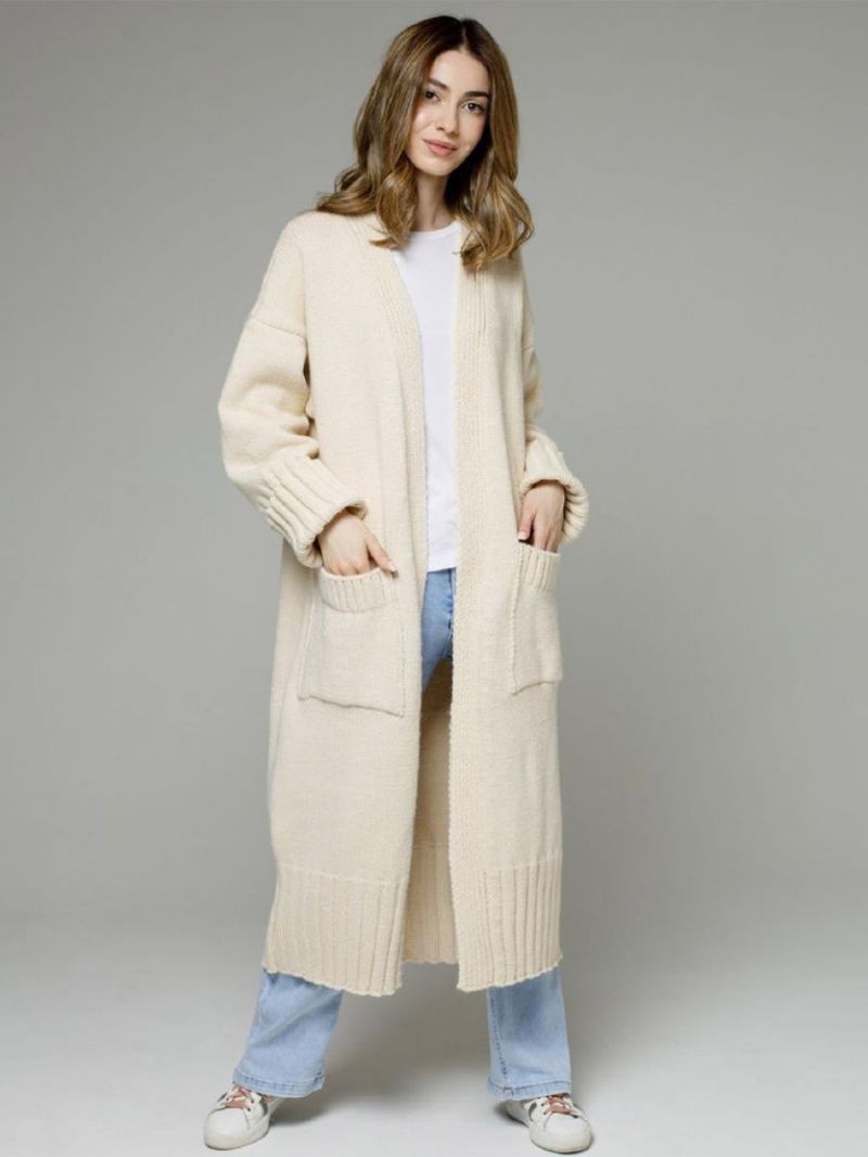 Longline Cardigan Långärmad Drop Shoulder Ribbad Damtröja - Beige