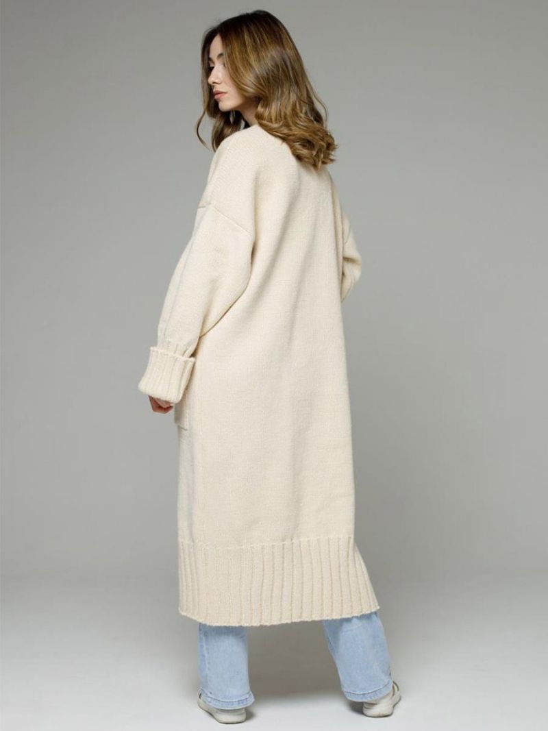 Longline Cardigan Långärmad Drop Shoulder Ribbad Damtröja - Beige