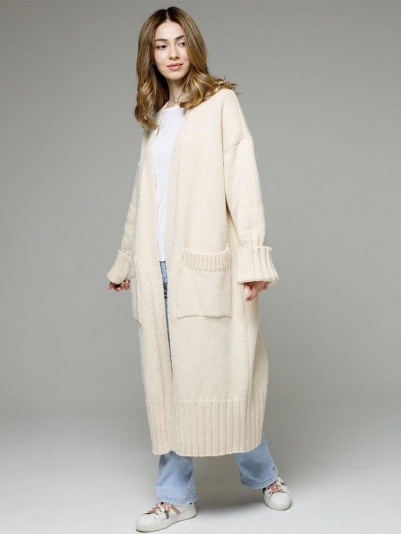 Longline Cardigan Långärmad Drop Shoulder Ribbad Damtröja - Beige