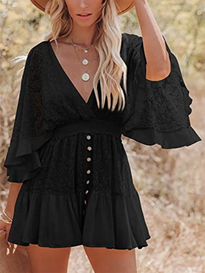 Boho Klänning Spets V Neck Batwing Vit Flare Mini För Kvinnor - Svart