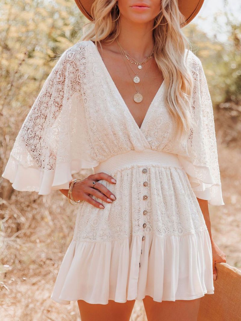 Boho Klänning Spets V Neck Batwing Vit Flare Mini För Kvinnor - Vit