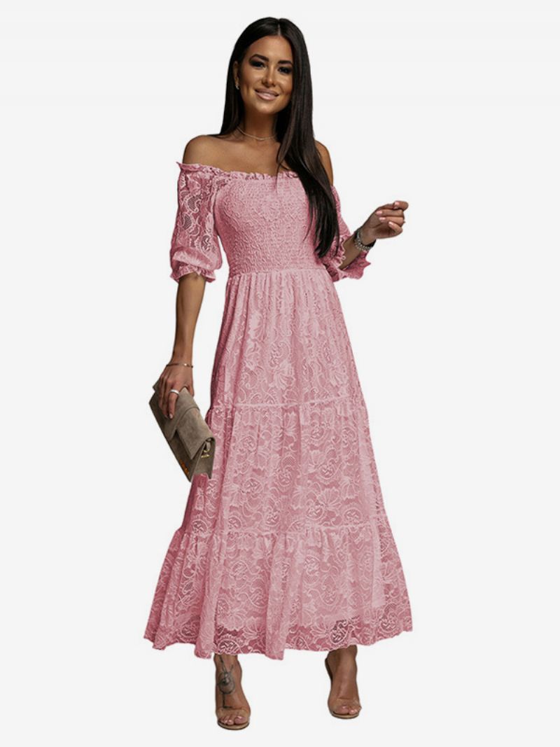 Kvinnors Vit Spetsklänning Smock Off Shoulder Eleganta Bohemiska Långa Klänningar - Rosa