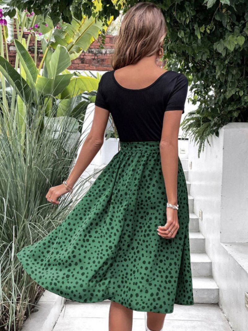 Kvinnors Sommarklänning Juvelhals Polka Dot Sash Djupbrun Medium Beach Dress - Mörkgrön