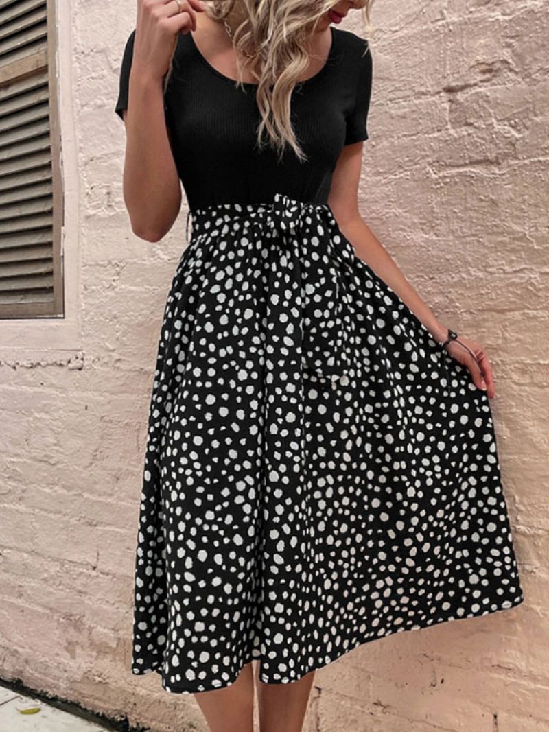 Kvinnors Sommarklänning Juvelhals Polka Dot Sash Djupbrun Medium Beach Dress - Svart