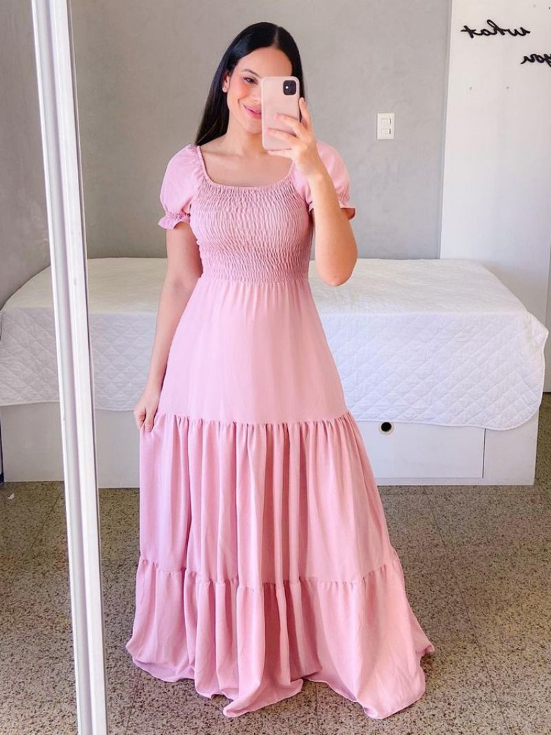 Dam A-line Klänning Smocked Korta Ärmar Tiered Ruffles Sommar Maxiklänningar - Rosa