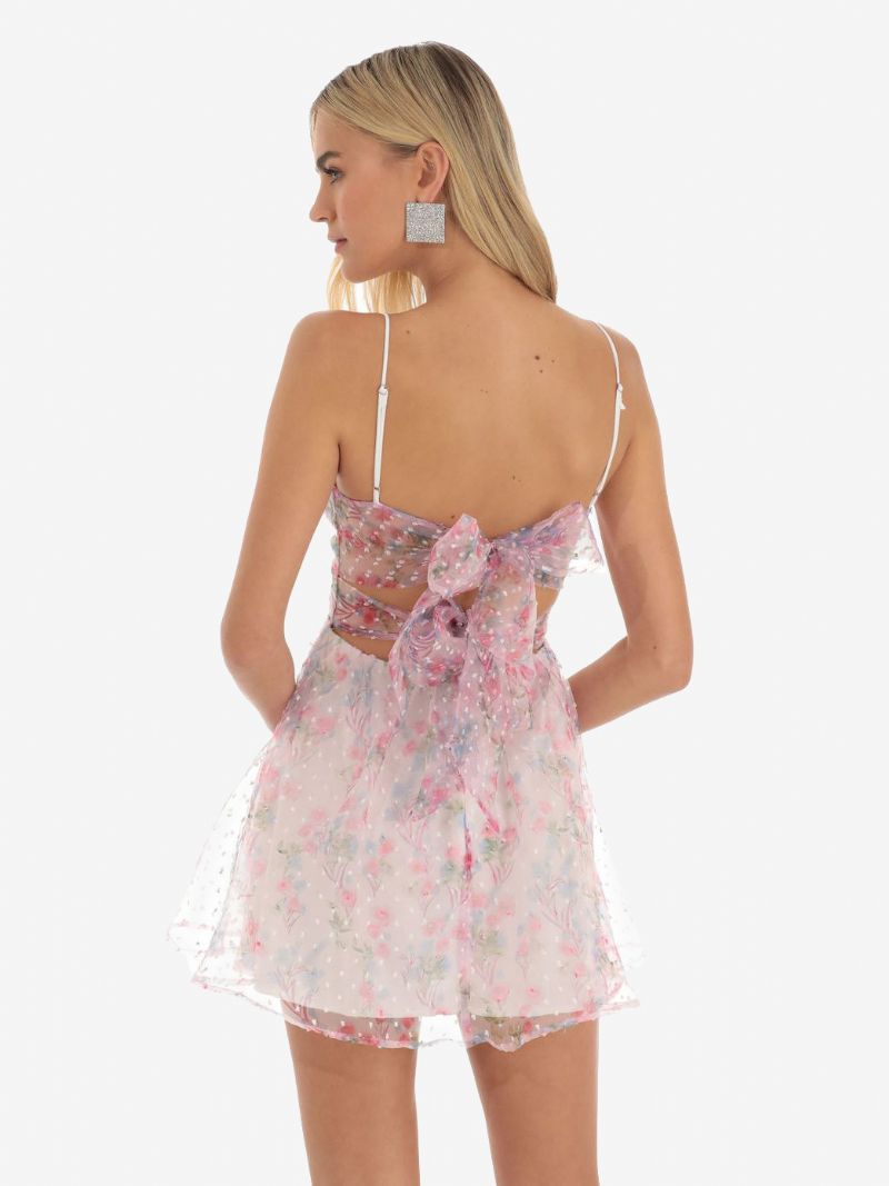 Kvinnors Blommönster Festklänning Spaghetti Straps Cutout Twist Front Mini Klänningar - Rosa