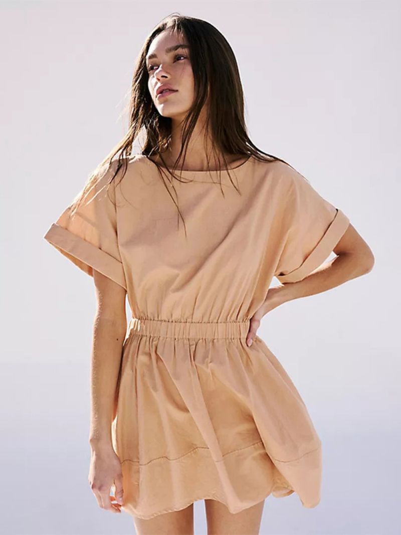 Kvinnors Sommarklänning Miniklänningar Peach Jewel Neck Plisserad Polyester Strandklänning - Gul / Röd