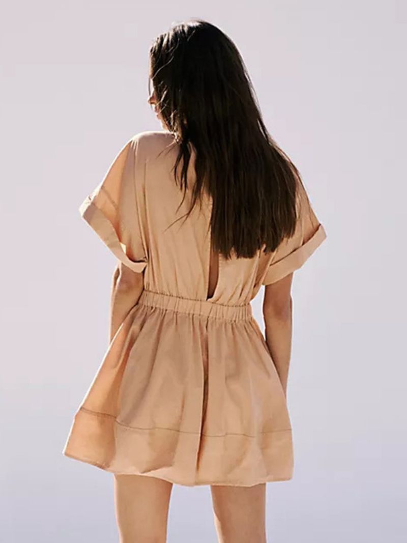 Kvinnors Sommarklänning Miniklänningar Peach Jewel Neck Plisserad Polyester Strandklänning - Gul / Röd