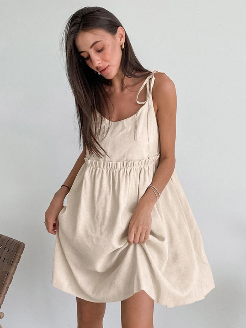 Kvinnors Sommarklänning Straps Neck Spets Up Oversized Ecru White Short Beach Dress - Beige