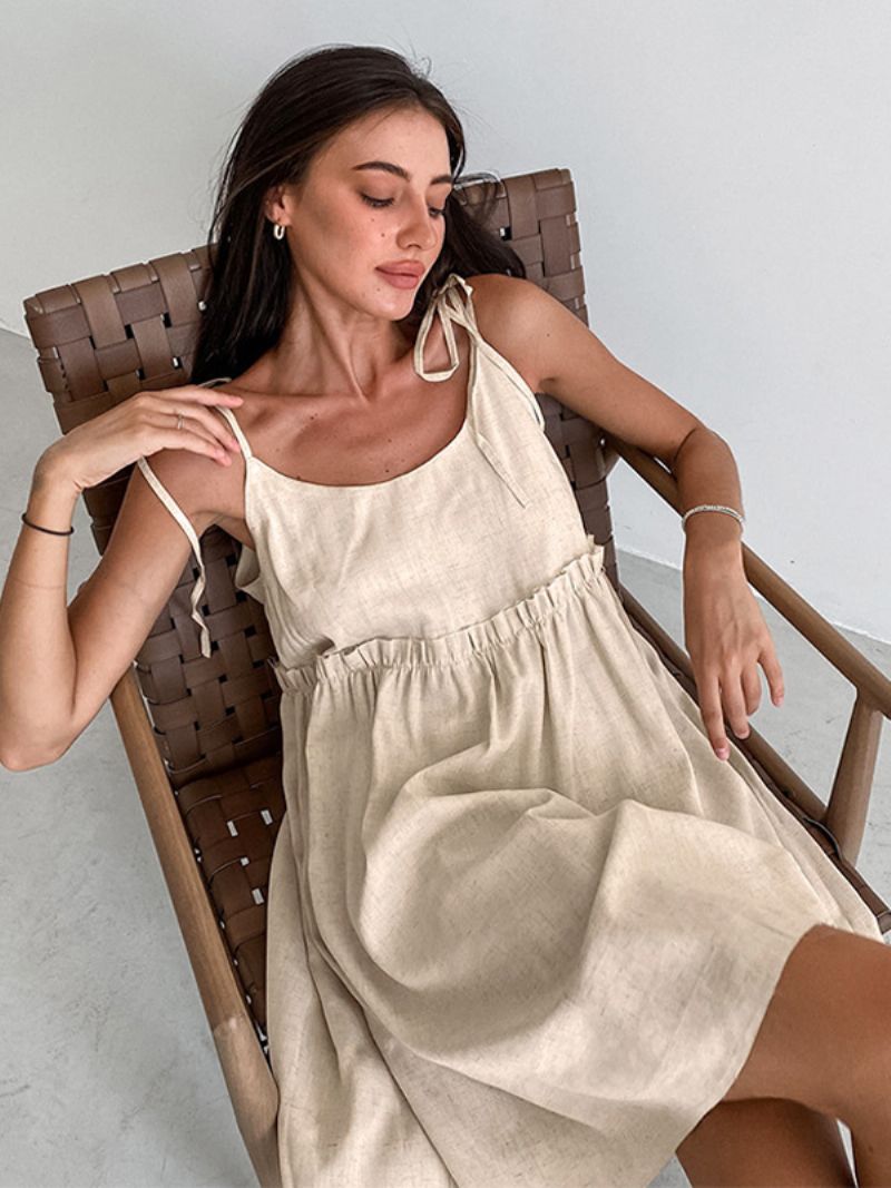 Kvinnors Sommarklänning Straps Neck Spets Up Oversized Ecru White Short Beach Dress - Beige