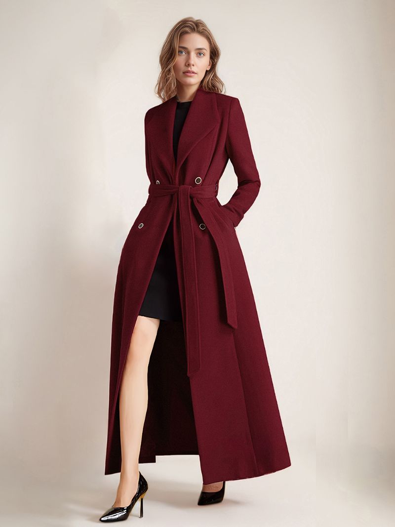 Dam Elegant Coat Lapel Långärmad Fickor Bältade Ytterkläder - Vröd