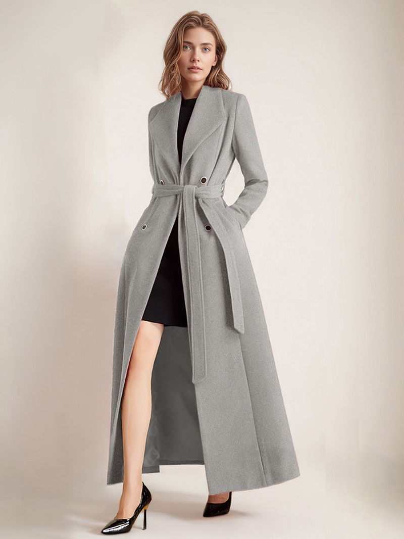 Dam Elegant Coat Lapel Långärmad Fickor Bältade Ytterkläder - Ljusgrå