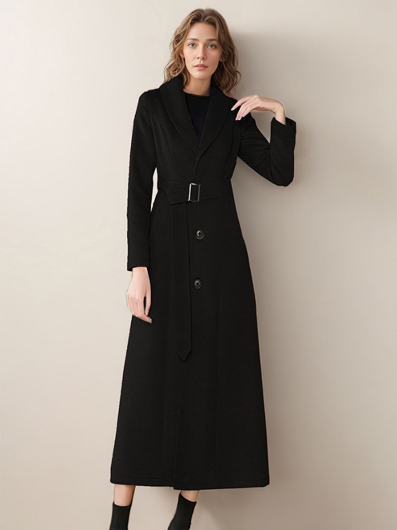 Dam Longline Coat Turndown-krage Långärmad Knappar Vinter Ytterkläder - Svart