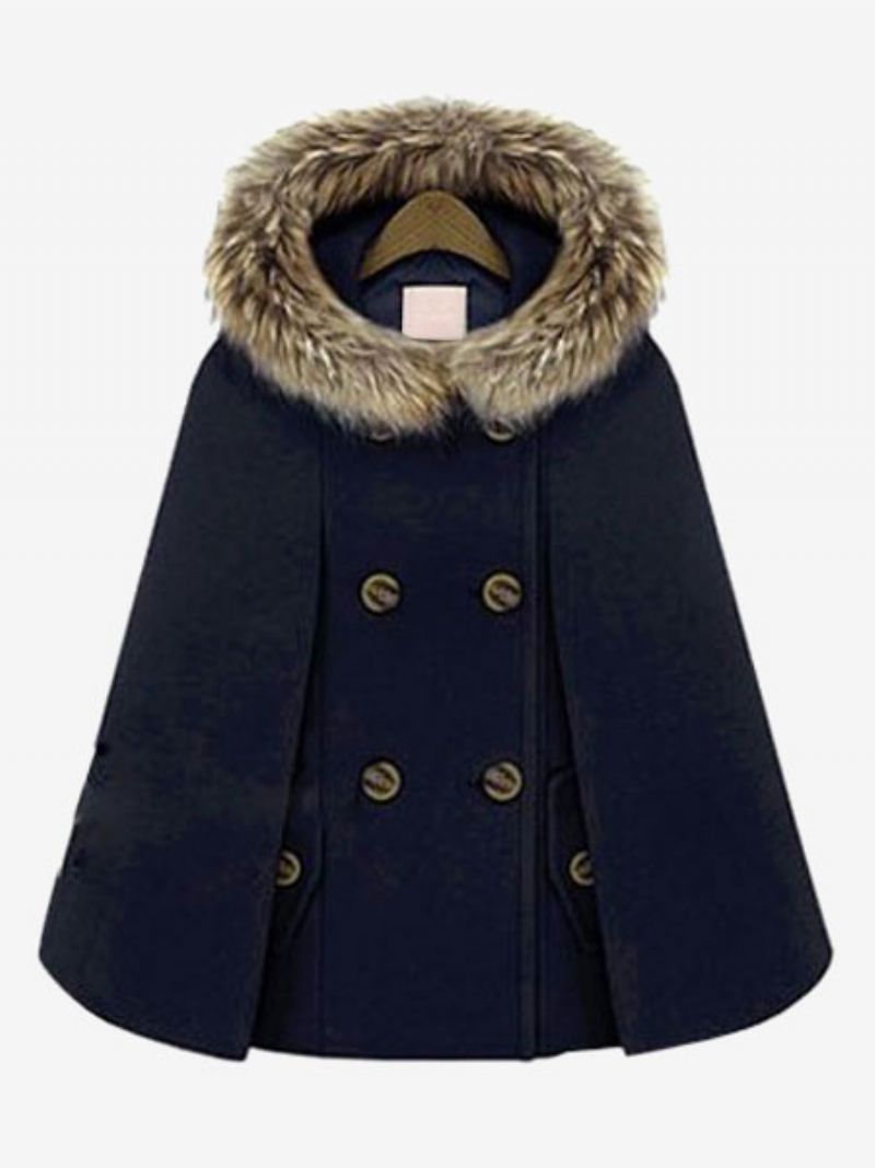 Hooded Cape Coat Dubbelbröst Fuskpäls Trim Poncho-mantel För Kvinnor