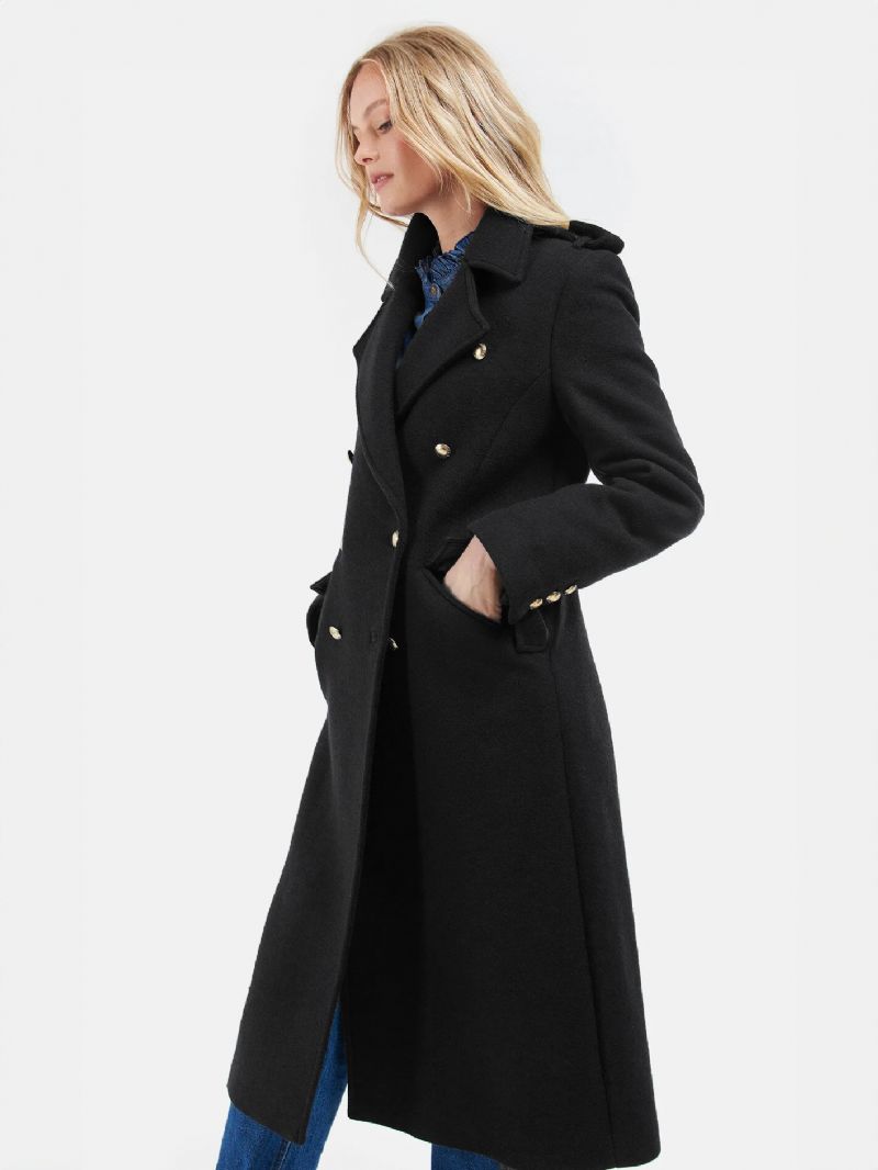 Longline Overcoat Lapel Dubbla Bröst Sned Fickor Ytterkläder För Kvinnor - Svart