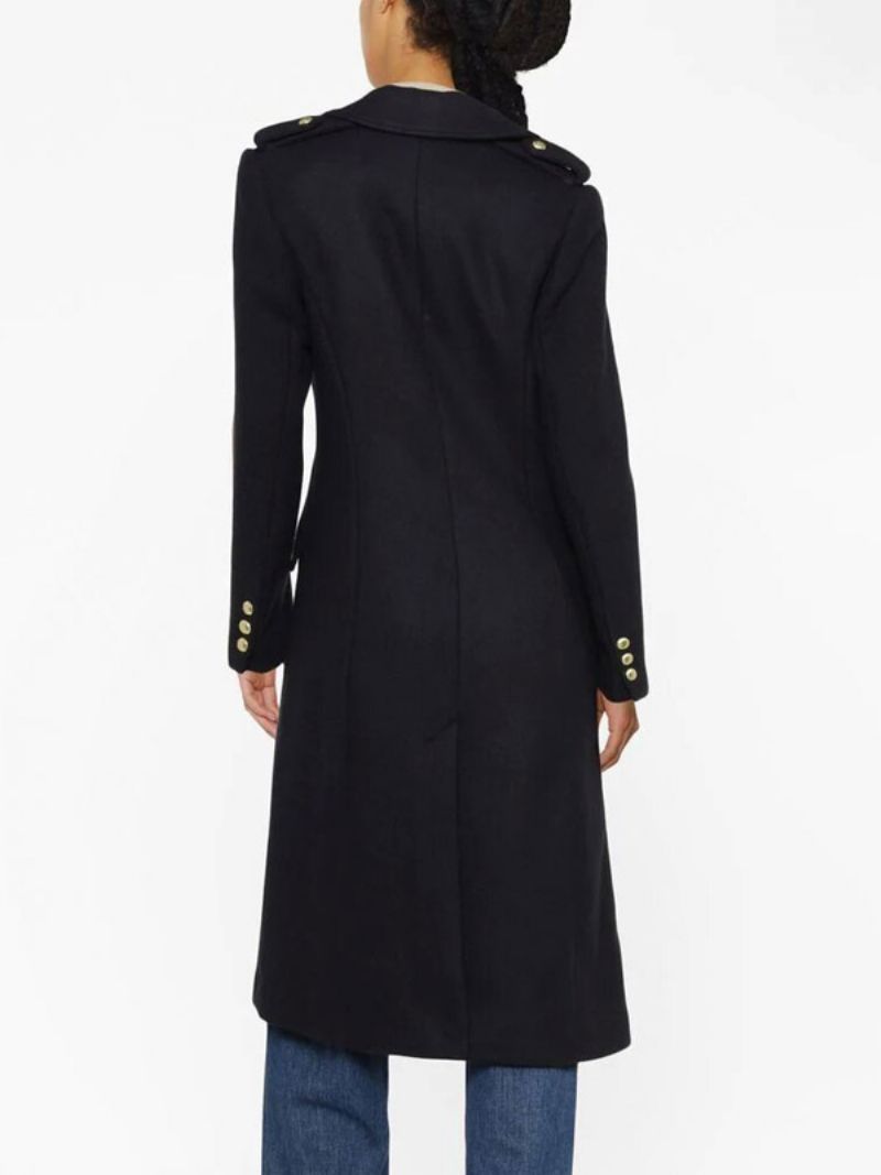 Longline Overcoat Lapel Dubbla Bröst Sned Fickor Ytterkläder För Kvinnor - Svart