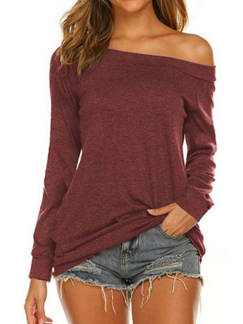 Damblus Burgundy Långärmad Bomullsblandning Bateau Neck Casual T-shirt