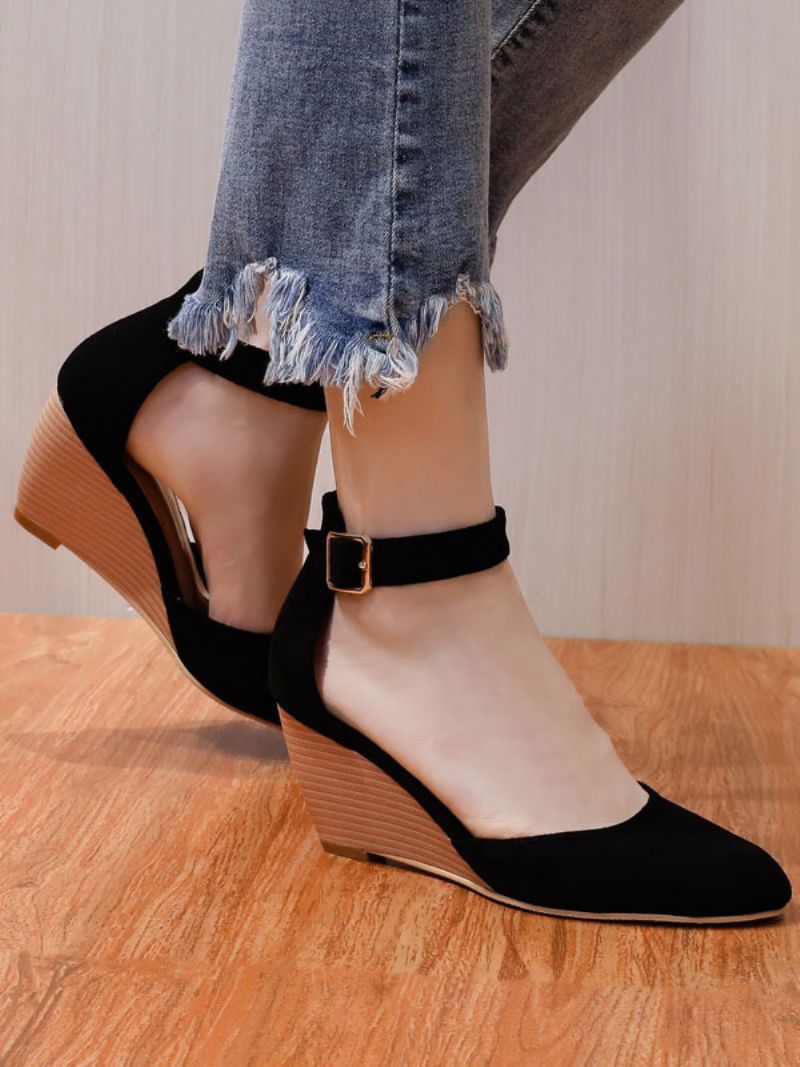 Dam Wedge Pumps Rund Toe Low-tops Mocka Ankel Strap - Svart