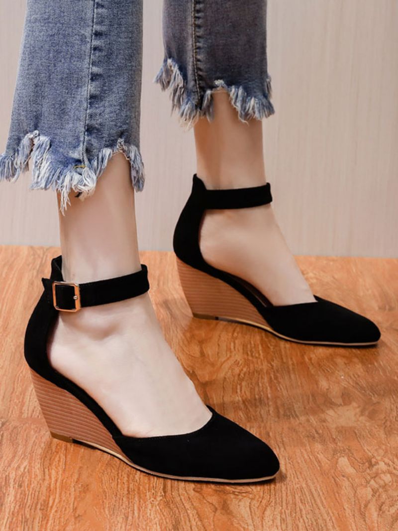 Dam Wedge Pumps Rund Toe Low-tops Mocka Ankel Strap - Svart