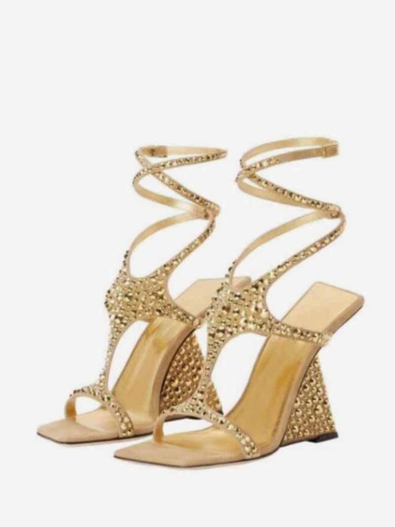 Guld Balskor Dam Rhinestones Strappy Kilklack Sandal Skor