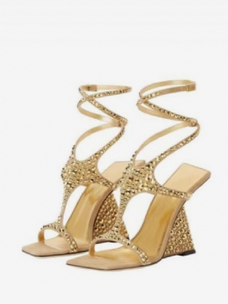 Guld Balskor Dam Rhinestones Strappy Kilklack Sandal Skor