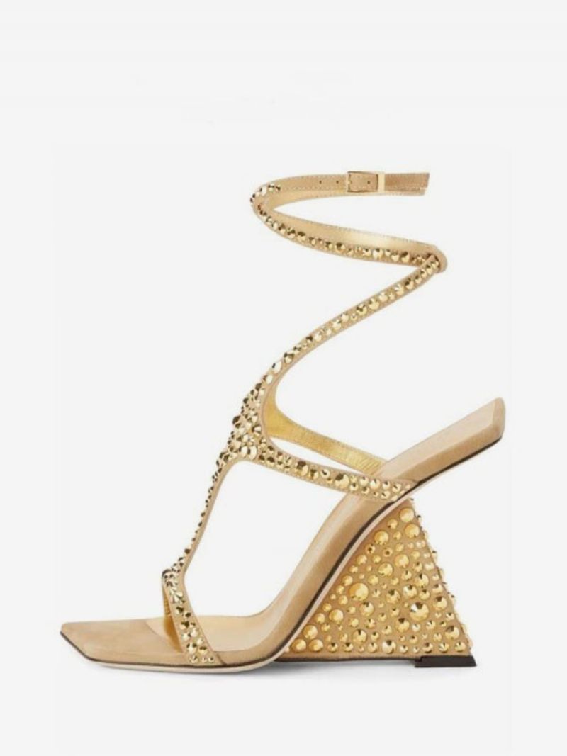 Guld Balskor Dam Rhinestones Strappy Kilklack Sandal Skor - Guld