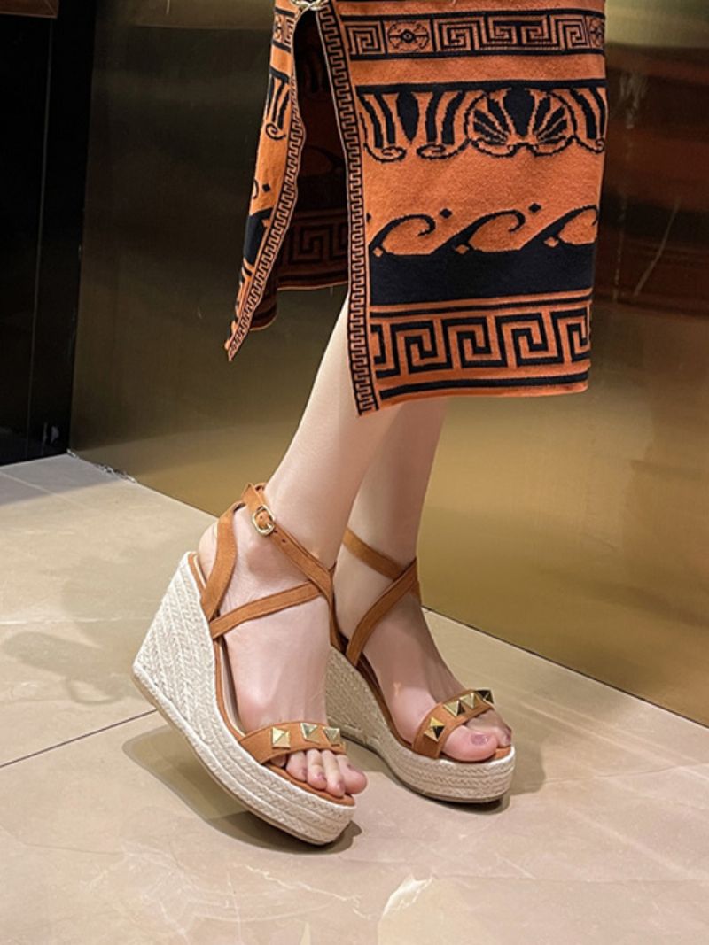 Klädd Sandaler För Kvinnor Plattnitar Mocka Criss Cross Sandal Skor - Kaffe Brun